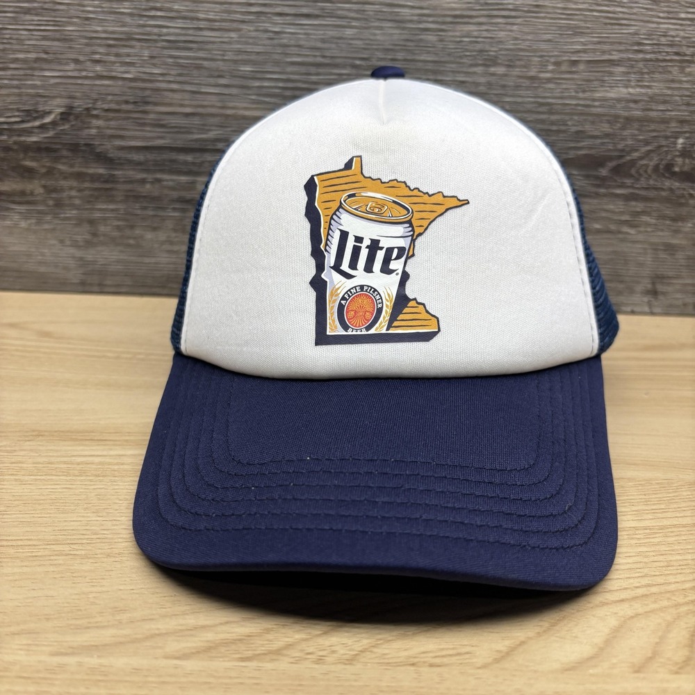 Miller Lite Minnesota Hat Cap Snap Back Blue White Mesh Trucker Mens Beer